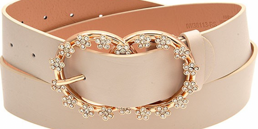 Floral Rhinestone Belt-Beige